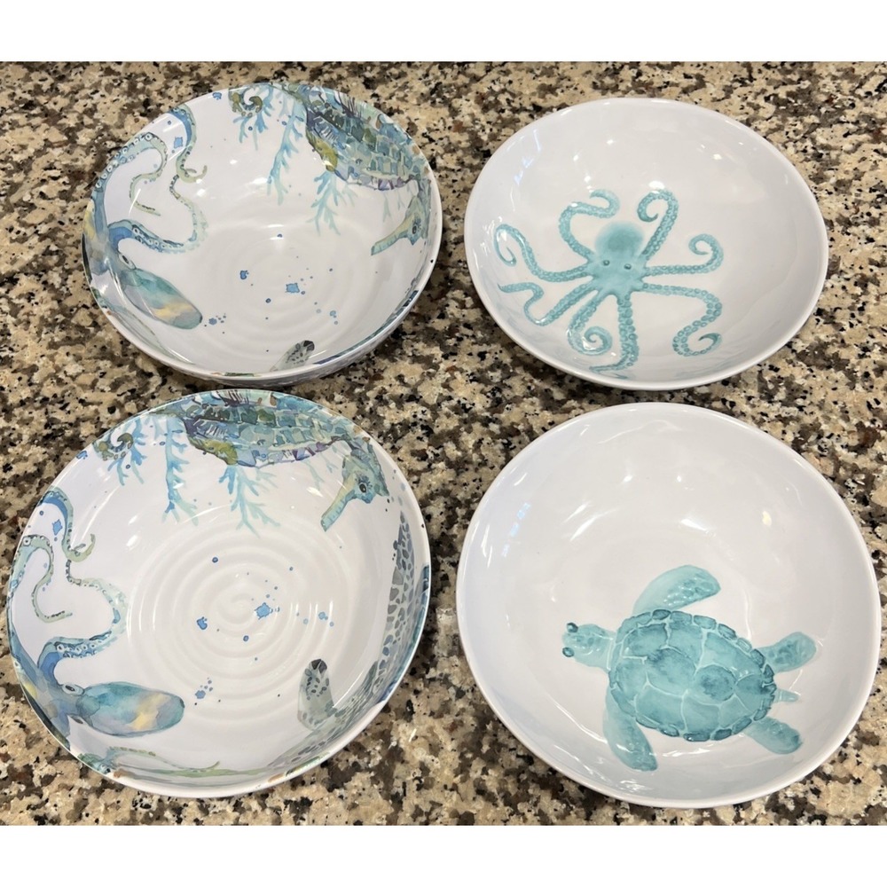 Sigrid Olsen Bowls Cereal Soup Sea Turtle Octopus 7" Melamine Teal Coastal 4 PCs